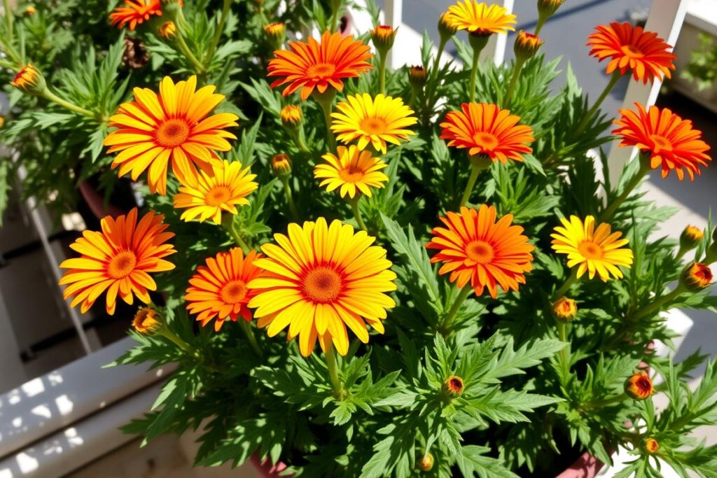 Gazania z kolorowymi kwiatami na słonecznym balkonie Gazania z kolorowymi kwiatami na słonecznym balkonie
