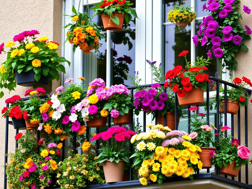 Kolorowy balkon z wytrzymałymi kwiatami w różnych donicach