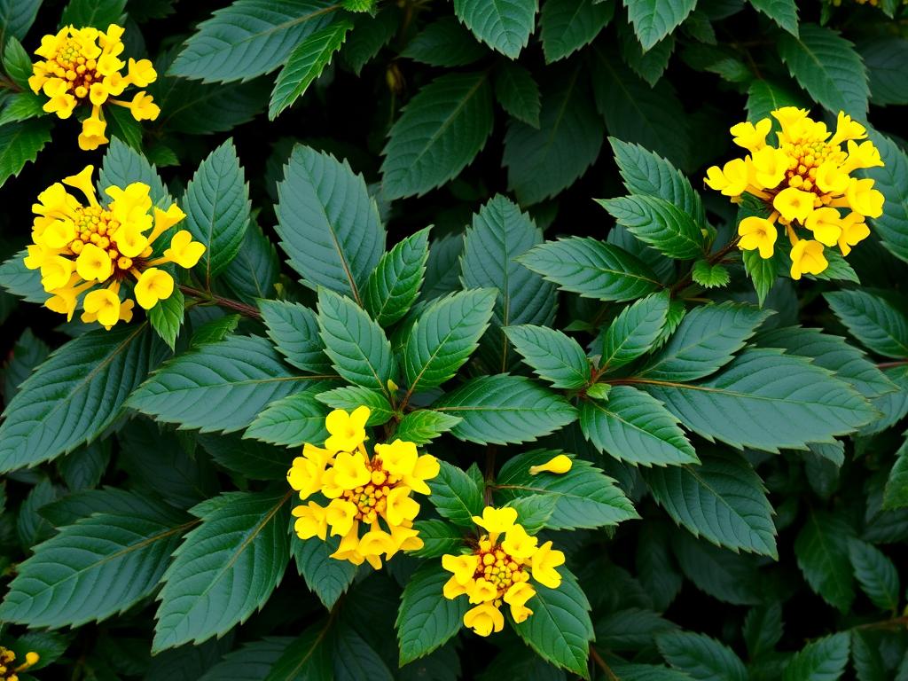 Mahonia pospolita z ciemnozielonymi, błyszczącymi liśćmi i żółtymi kwiatami Mahonia pospolita z ciemnozielonymi, błyszczącymi liśćmi i żółtymi kwiatami