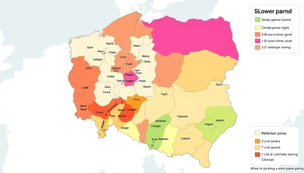 Mapa Polski z zaznaczonymi strefami klimatycznymi dla ogrodnictwa Mapa Polski z zaznaczonymi strefami klimatycznymi dla ogrodnictwa