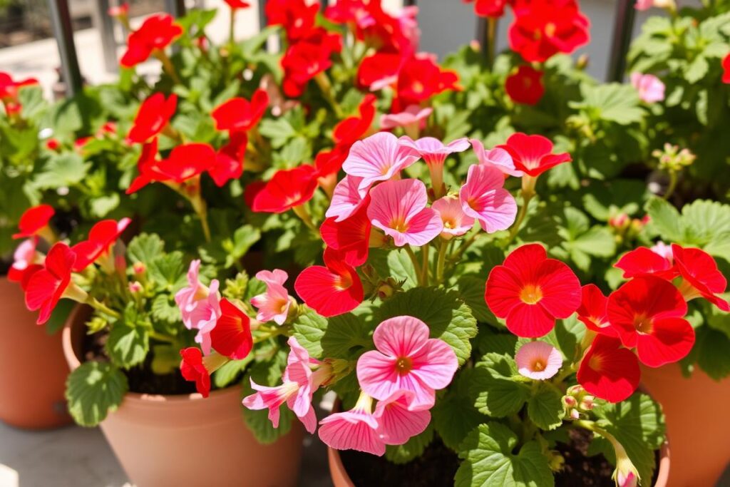 Pelargonie w różnych kolorach na słonecznym balkonie Pelargonie w różnych kolorach na słonecznym balkonie