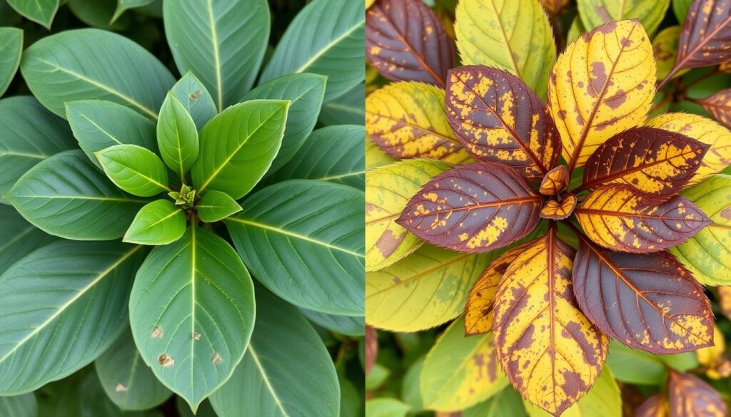 Porównanie zdrowych i chorych liści rododendrona Porównanie zdrowych i chorych liści rododendrona
