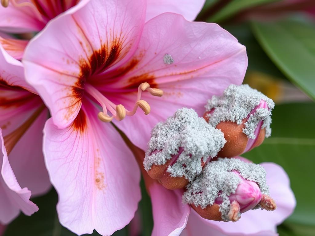 Szara pleśń na kwiatach rododendrona Szara pleśń na kwiatach rododendrona