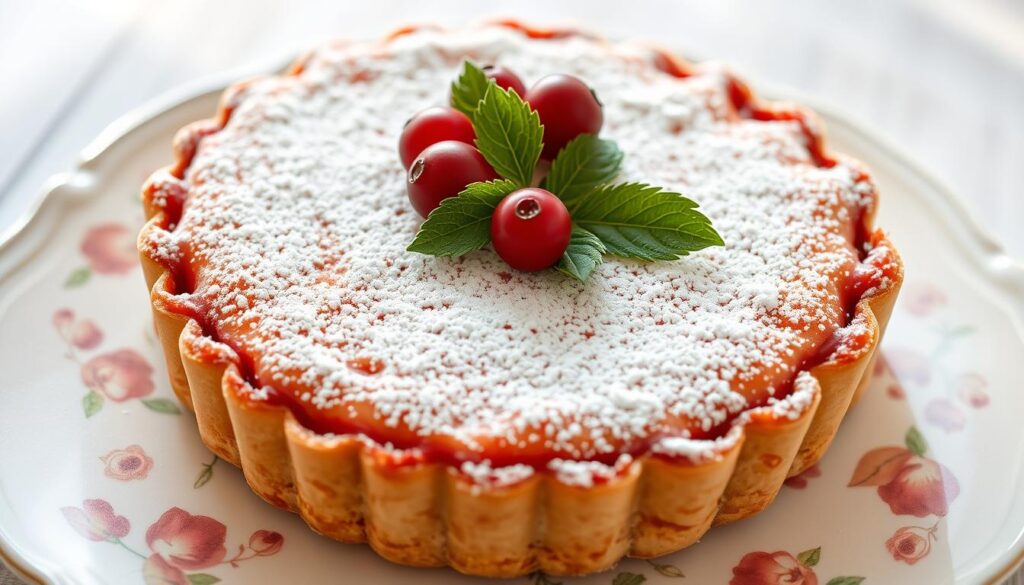 Tarta z czerwoną porzeczką posypana cukrem pudrem