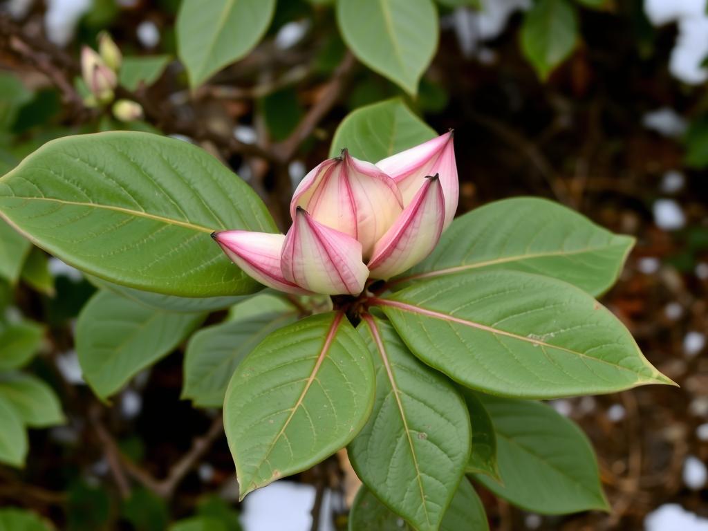 Zwinięte liście rododendrona w okresie zimowym Zwinięte liście rododendrona w okresie zimowym